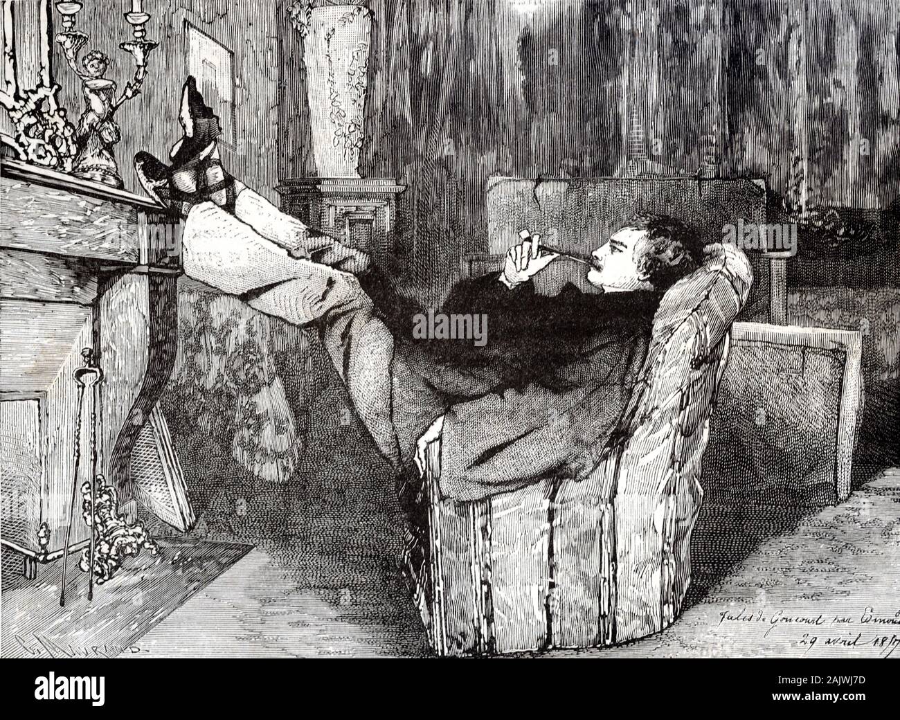 Schizzo o disegno di Jules de Goncourt (1830-1870) da Edmond de Goncourt (1822-1896) il fumo del tubo & Relax nel soggiorno (firmato il 29 aprile 1857). Il Goncourt Fratelli erano leader francese critici letterari, gli autori e gli editori. Foto Stock