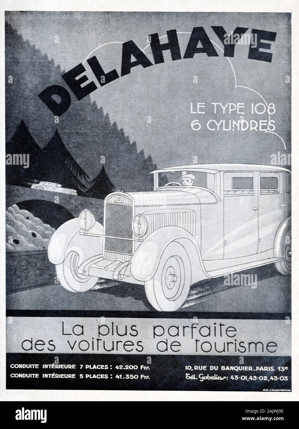 Annuncio vintage, pubblicità o vecchio annuncio pubblicitario per il francese auto di lusso o Limousine Delahaye 108 a sei cilindri (1931 prodotta 1929-33) Foto Stock