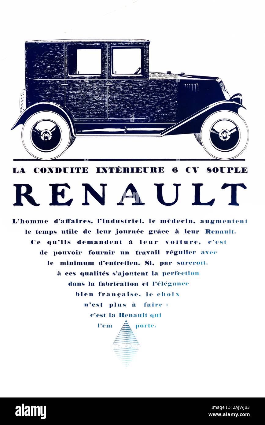 Annuncio vintage, pubblicità o vecchio annuncio pubblicitario per il popolo francese dell'auto Renault 6 CV modello 1926 Foto Stock