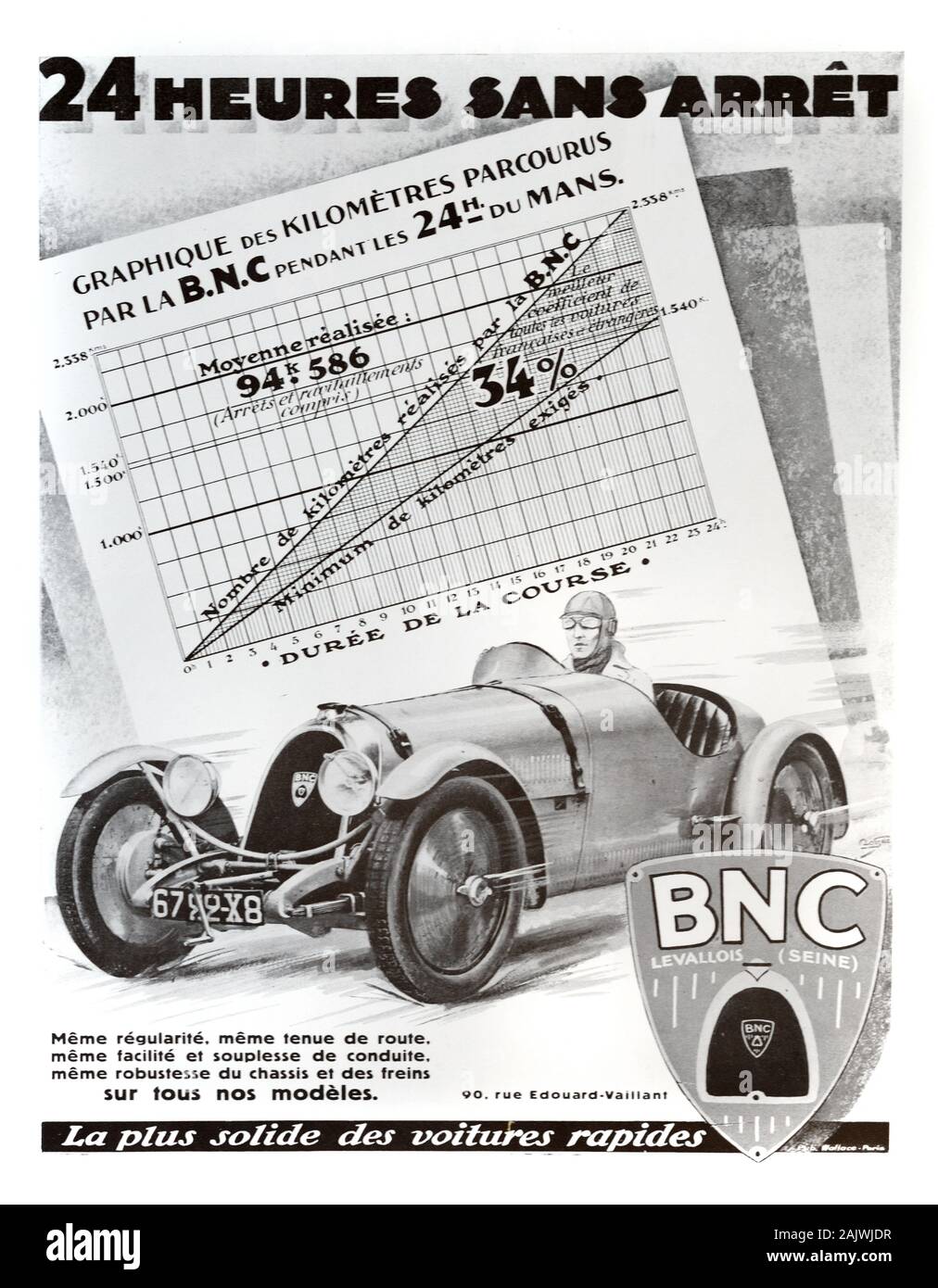 Annuncio vintage, vecchio annuncio o pubblicità per Bollack Netter e Co o B.N.C Auto Racing sul circuito della 24 Ore di Le Mans Racing via nel 1928. Annuncio datato 1929 Foto Stock