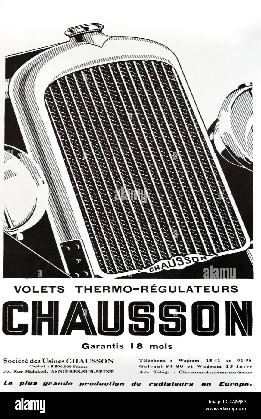 Vecchio annuncio, Vintage pubblicità o la pubblicità per Chausson Radiatori per auto annuncio 1929 Foto Stock