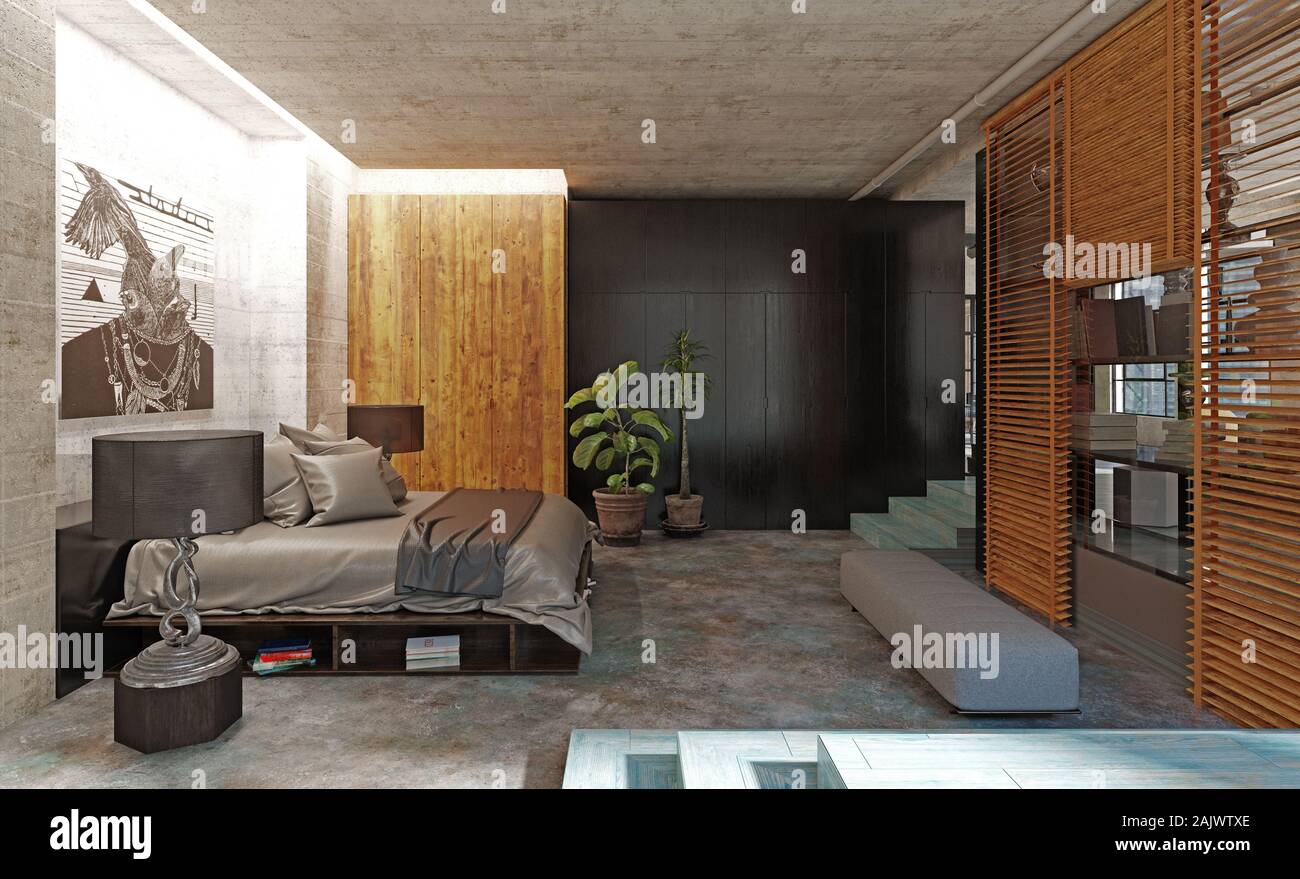 Moderna camera da letto loft interni. 3D rendering concept Foto Stock