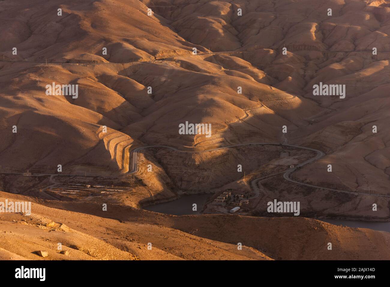 Wadi Al Hasa, splendida vista della valle, in serata, Kings Highway, route 35, karak, terra alta, Giordania, Medio Oriente e Asia Foto Stock
