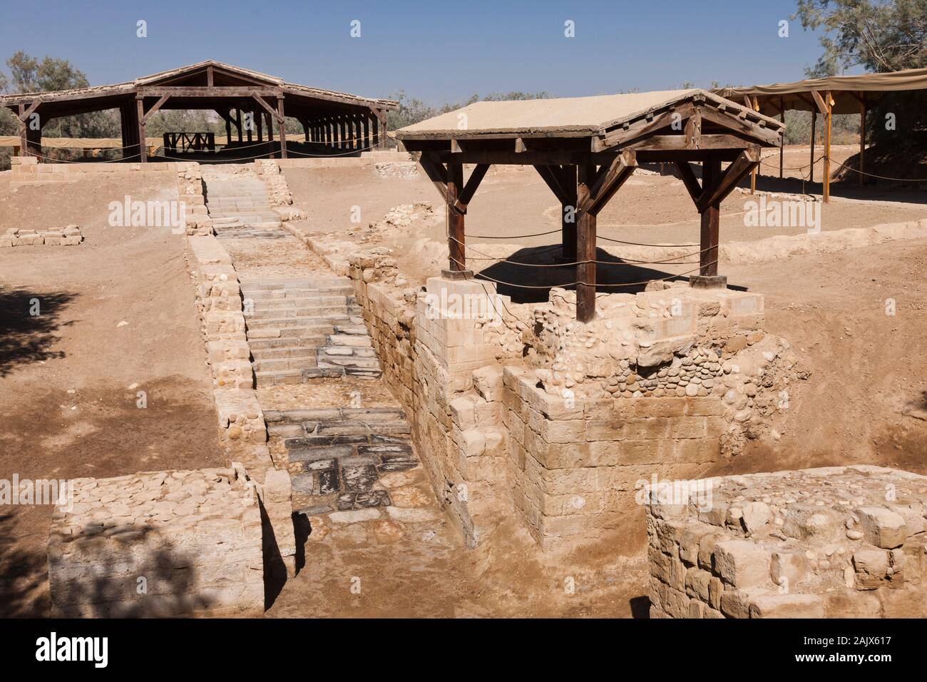 Betania, Sito del Battesimo di Gesù, ramo degli scavi, fiume Giordano, Giordania, Medio Oriente, Asia Foto Stock