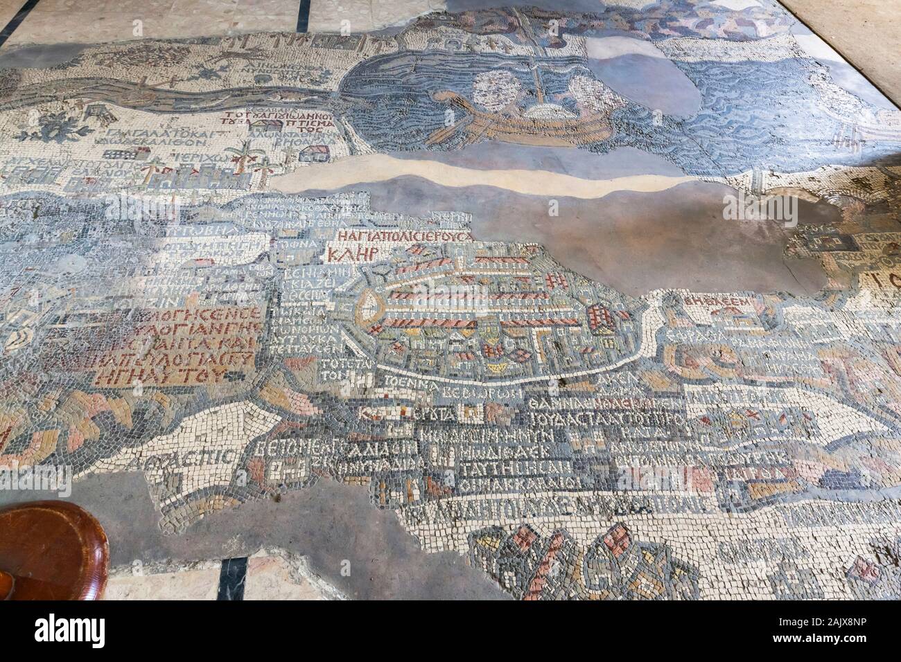 La più antica mappa mosaico di Palestina, Mosaico, Chiesa di San Giorgio, Madaba, Giordania, medio Oriente, Asia Foto Stock