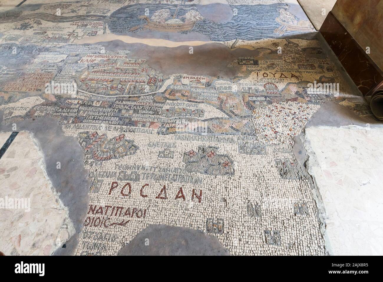 La più antica mappa mosaico di Palestina, Mosaico, Chiesa di San Giorgio, Madaba, Giordania, medio Oriente, Asia Foto Stock