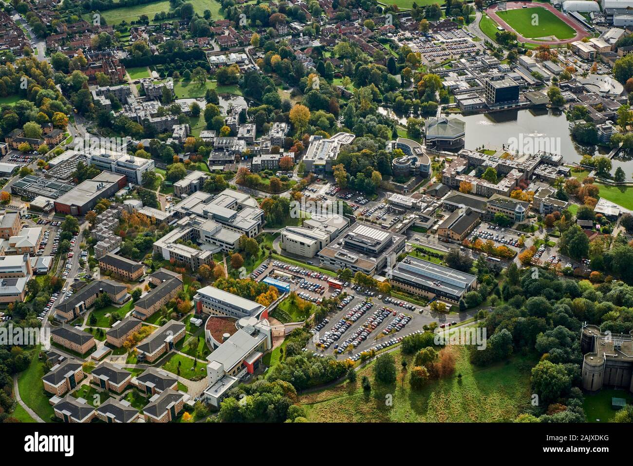 Una veduta aerea di York University Campus Occidentali, North Yorkshire, nell'Inghilterra del Nord, Regno Unito Foto Stock