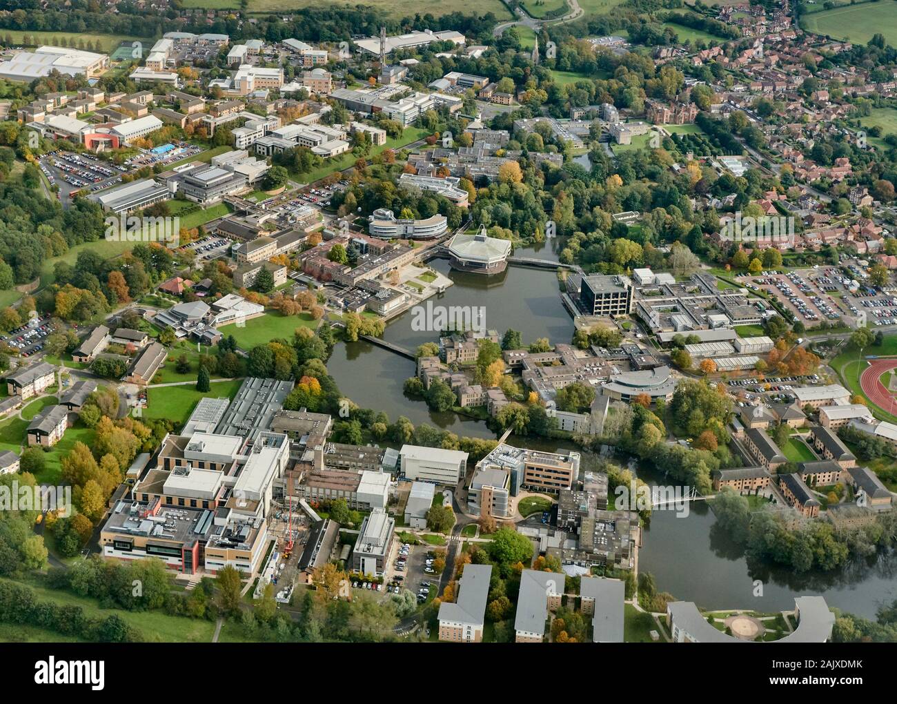 Una veduta aerea di York University Campus Occidentali, North Yorkshire, nell'Inghilterra del Nord, Regno Unito Foto Stock