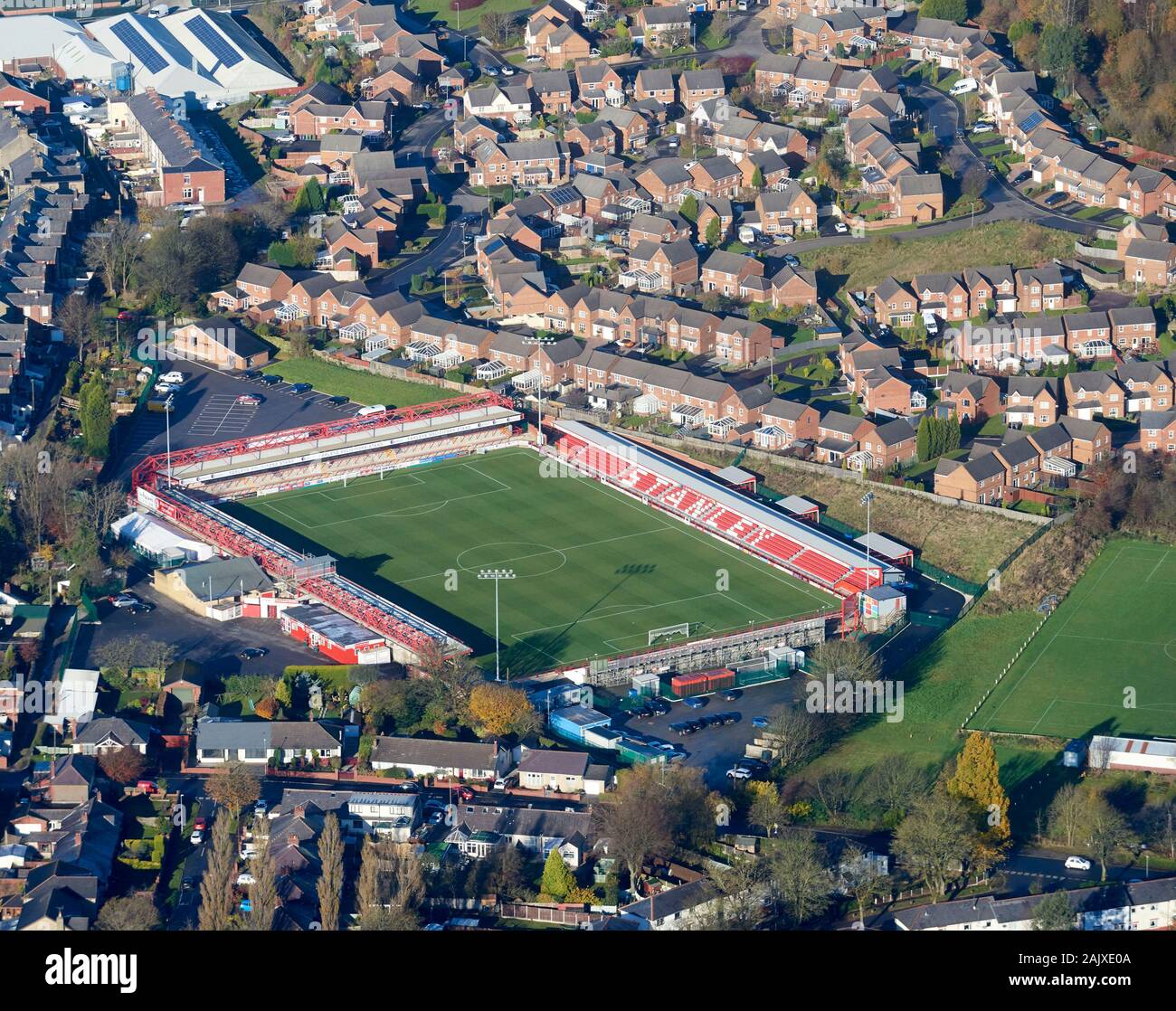 Una veduta aerea di Accrington Stanley football ground, North West England, Regno Unito Foto Stock