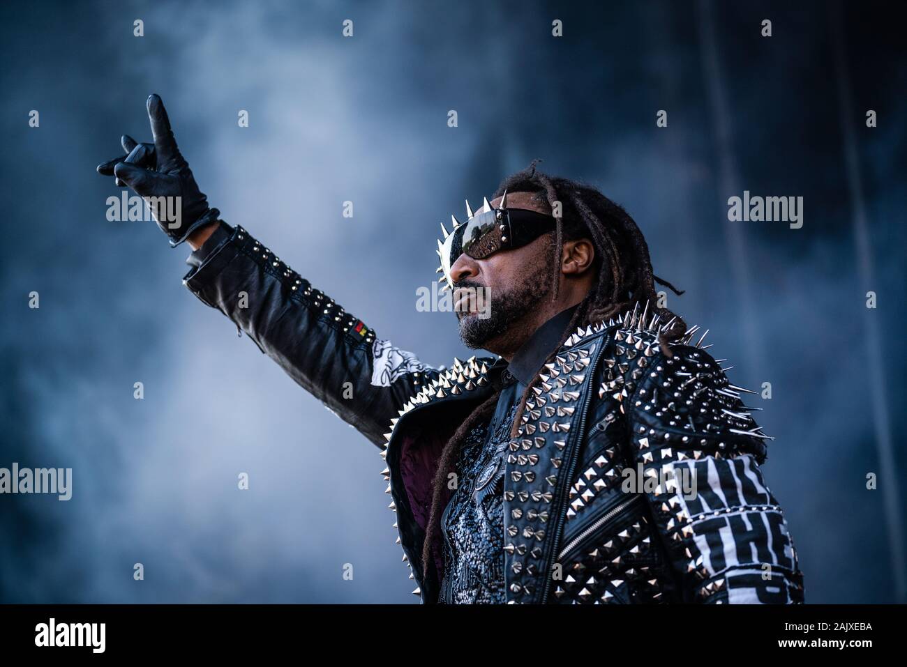 Copenaghen, Danimarca - Giugno 20th, 2019. Il Welsh metal band Skindred esegue un concerto dal vivo durante il danese heavy metal festival Copenhell 2019 a Copenaghen. Qui la cantante Benji Webbe è visto dal vivo sul palco. (Photo credit: Gonzales foto - Mathias Kristensen). Foto Stock