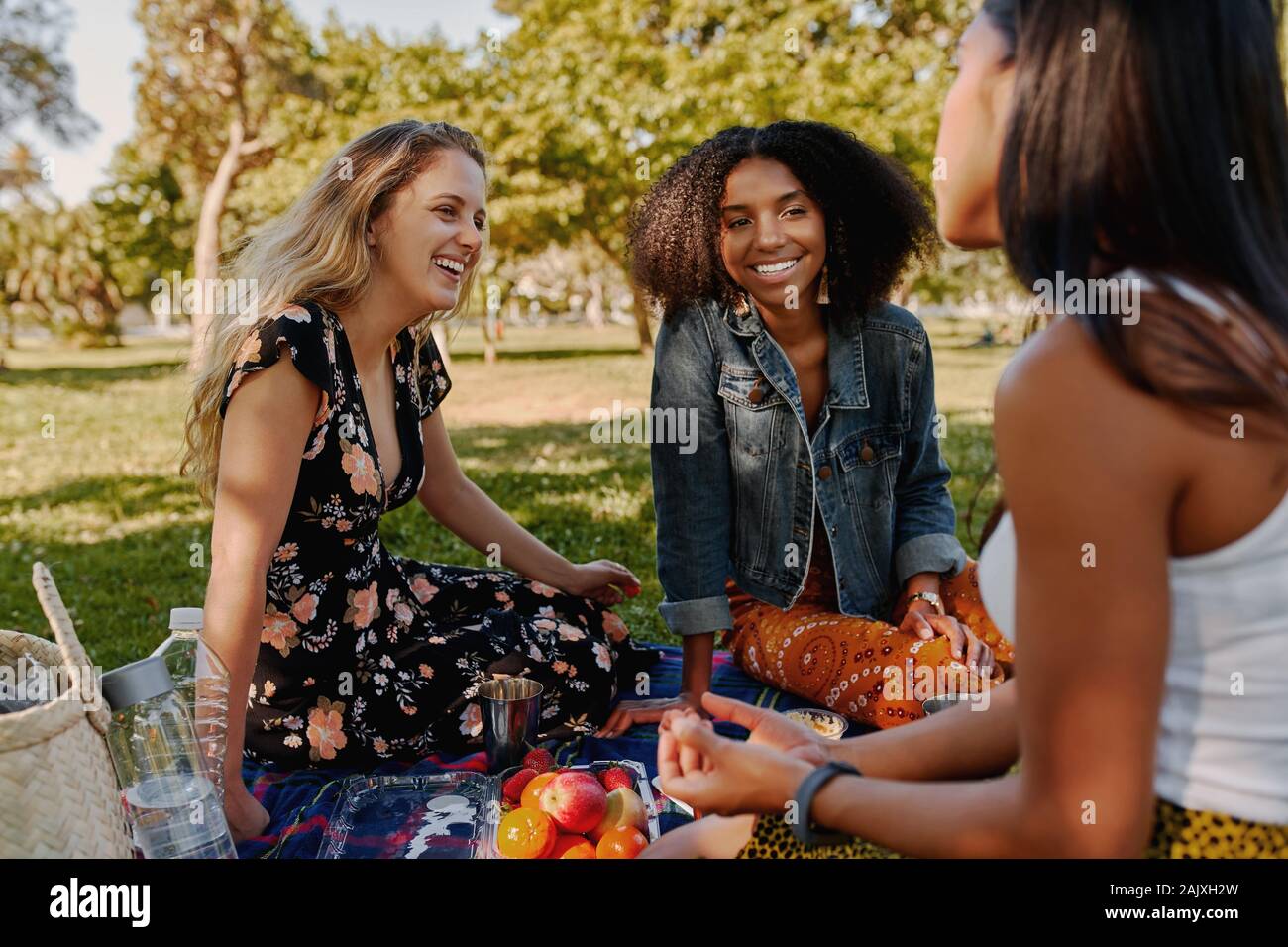 Gruppo di sorridente femmina multirazziale migliori amici seduti insieme su una coperta con frutti godendo al picnic nel parco - gruppo di amici sani Foto Stock