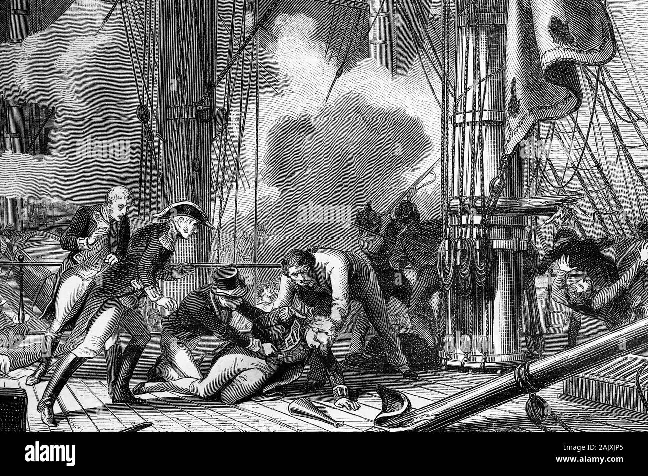 La morte di ammiraglio Horatio Nelson, primo Visconte Nelson. 1758-1805. HMS Victory 21 ottobre 1805. Capo Trafalgar, Spagna. Illustrazione di antiquariato.1890. Foto Stock