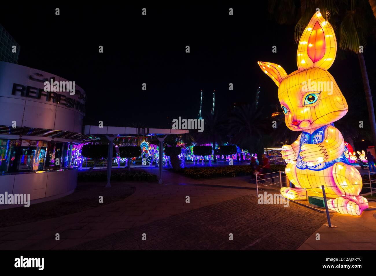 Dubai, Emirati Arabi Uniti - 3 Dicembre 2018: bella per le installazioni presso il giardino di Dubai Glow family theme park illuminato di notte. Foto Stock