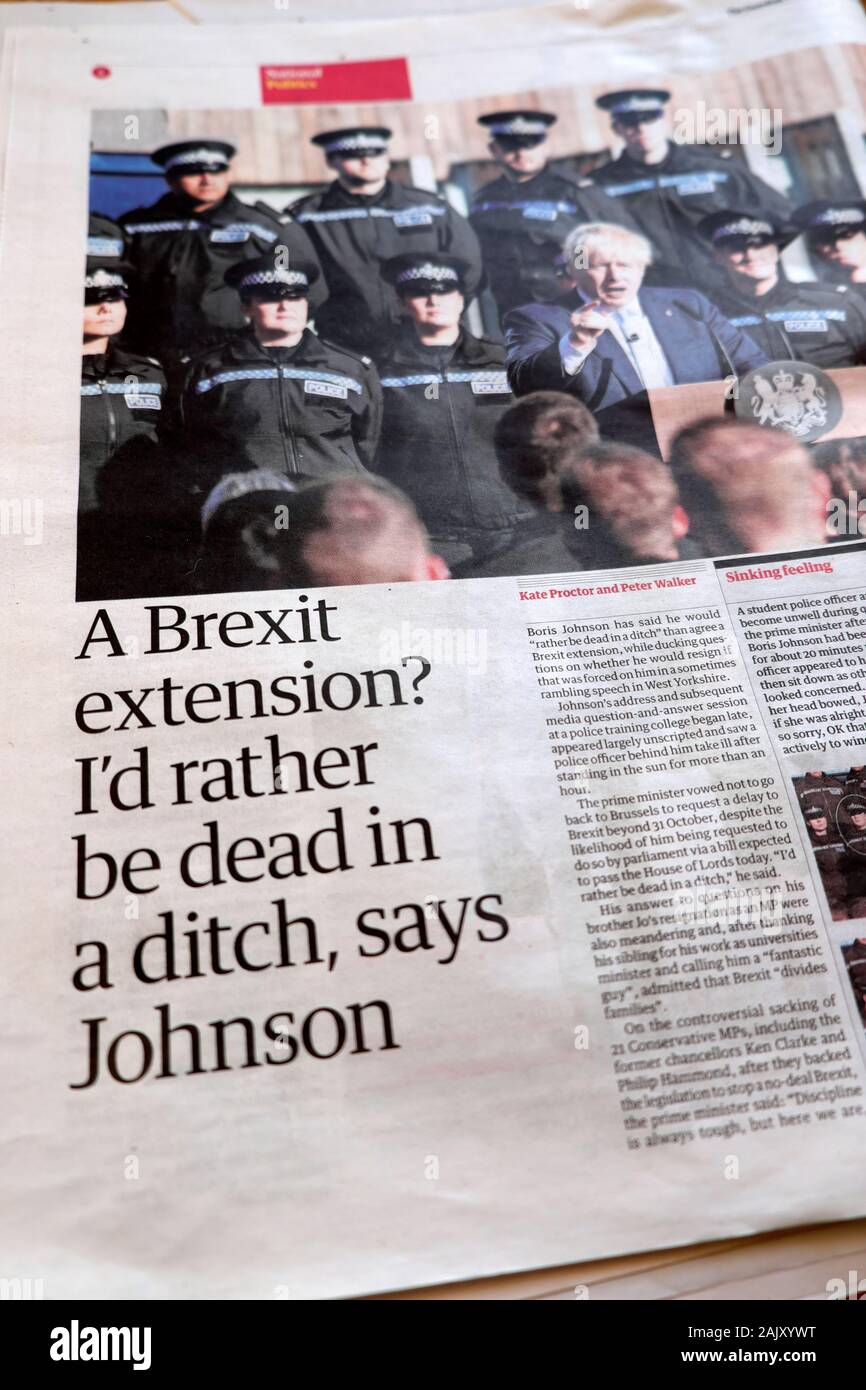 "Una estensione Brexit? Preferirei essere morto in un fosso, dice Johnson" Boris Johnson quotidiano Guardian headline 6 settembre 2019 Londra Inghilterra REGNO UNITO Foto Stock