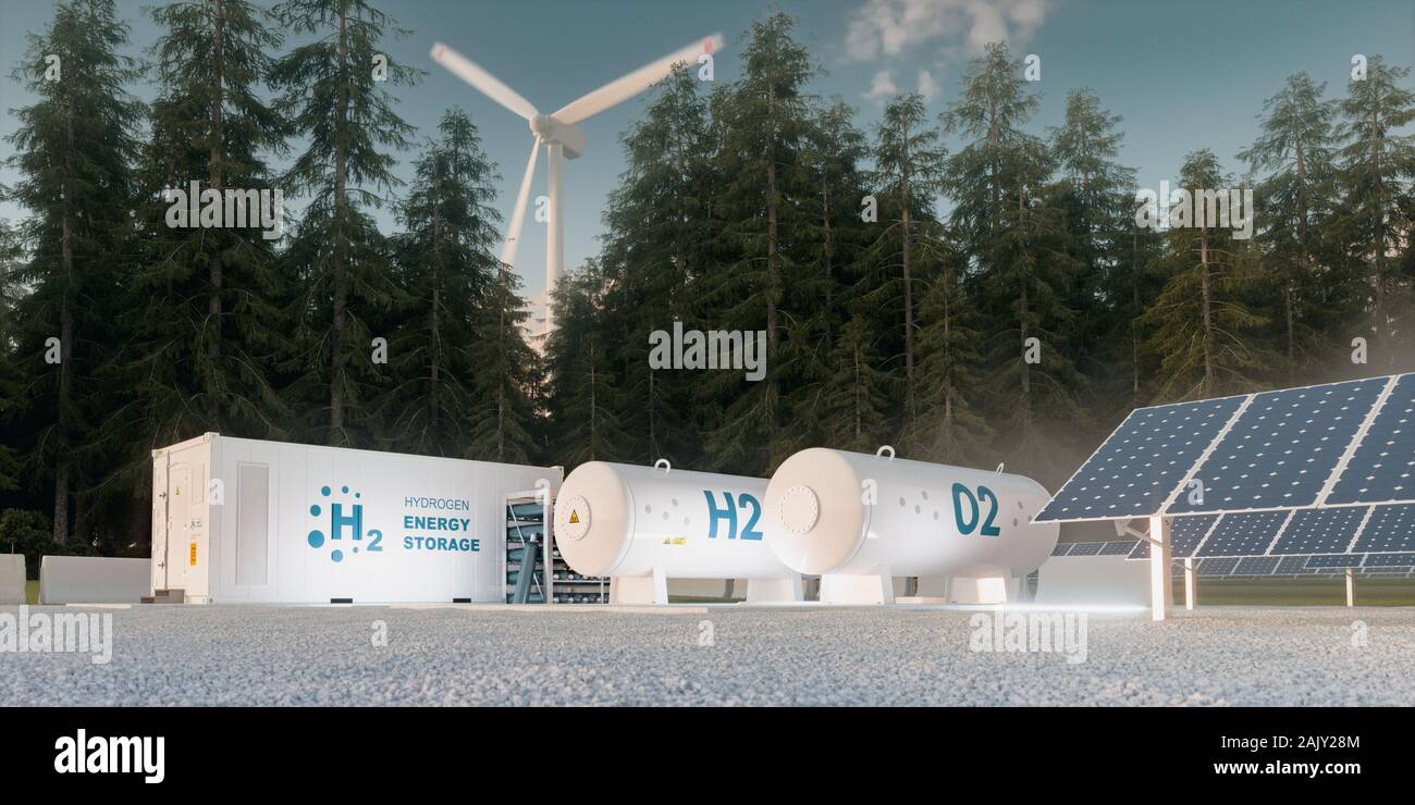 Concetto di idrogeno di storage di energia da fonti rinnovabili - turbine eoliche e fotovoltaico. Il rendering 3D Foto Stock