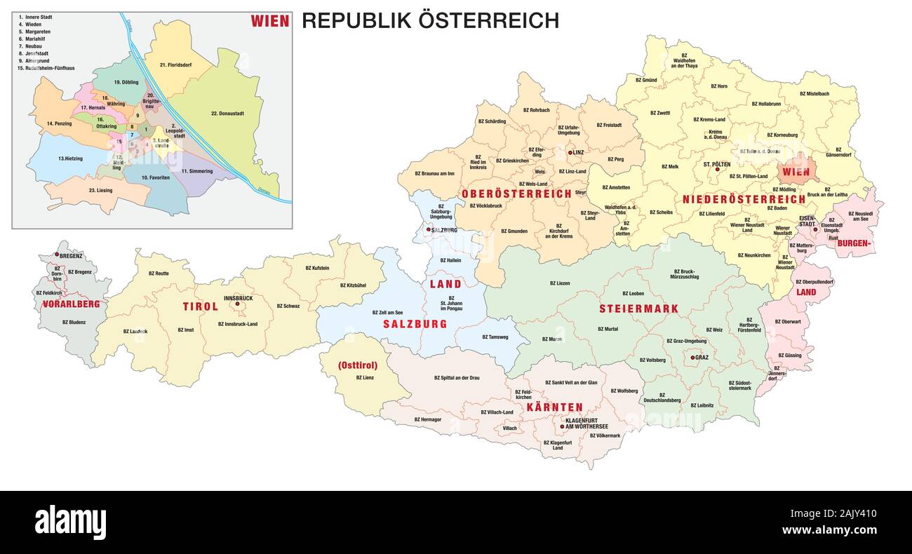 Nuova politica e amministrativa di mappa di austria in lingua tedesca 2020 Illustrazione Vettoriale