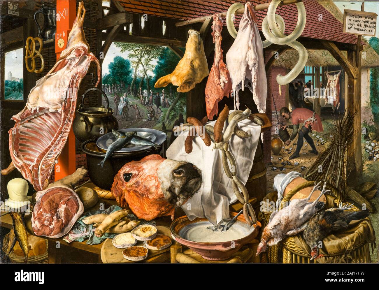 Pieter Aertsen, pittura, una carne stallo con la Santa Famiglia dando elemosina, 1551 Foto Stock