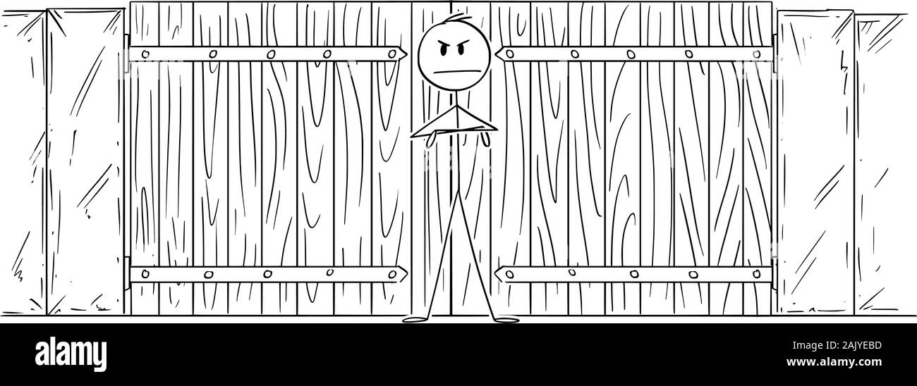 Vector cartoon stick figura disegno illustrazione concettuale di un uomo o una guardia di sicurezza o di pattuglia di guardia di fronte bloccato o chiuso cancello o porta. Illustrazione Vettoriale