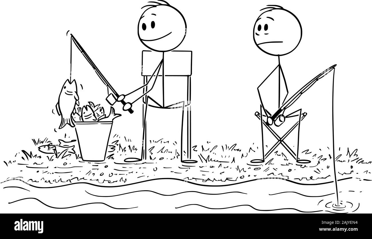 Vector cartoon stick figura disegno illustrazione concettuale di tentativi di invidiosi o gelosi uomo la pesca e la visione di un altro pescatore cattura molti pesci. Illustrazione Vettoriale