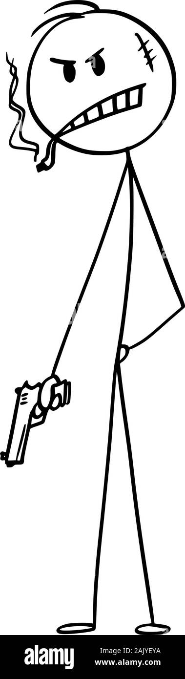 Vector cartoon stick figura disegno illustrazione concettuale del cattivo ragazzo o uomo o penali o di gangster con sigaro in posa con arma o pistola a mano. Illustrazione Vettoriale