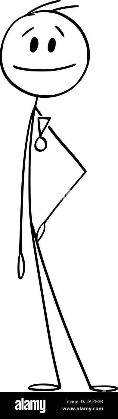 Vector cartoon stick figura disegno illustrazione concettuale dell uomo che mostra il suo militare o decorazione di stato o di aggiudicazione o la medaglia sul suo petto. Illustrazione Vettoriale