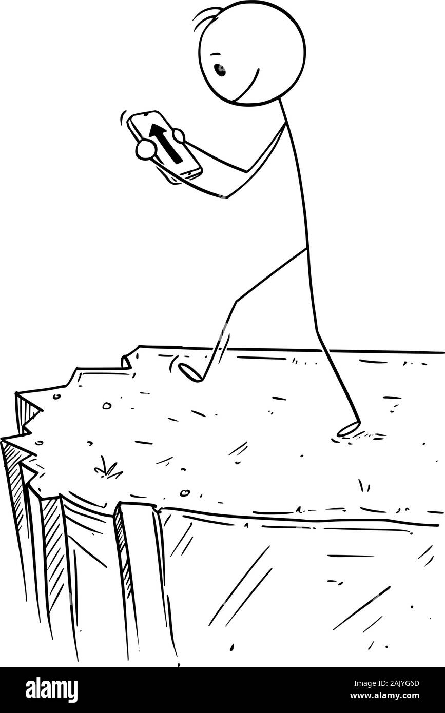 Vector cartoon stick figura disegno illustrazione concettuale dell'uomo usando app di navigazione sullo smartphone. Seguire ciecamente il percorso conduce a cadere dalla scogliera. Concetto di navigazione. Illustrazione Vettoriale
