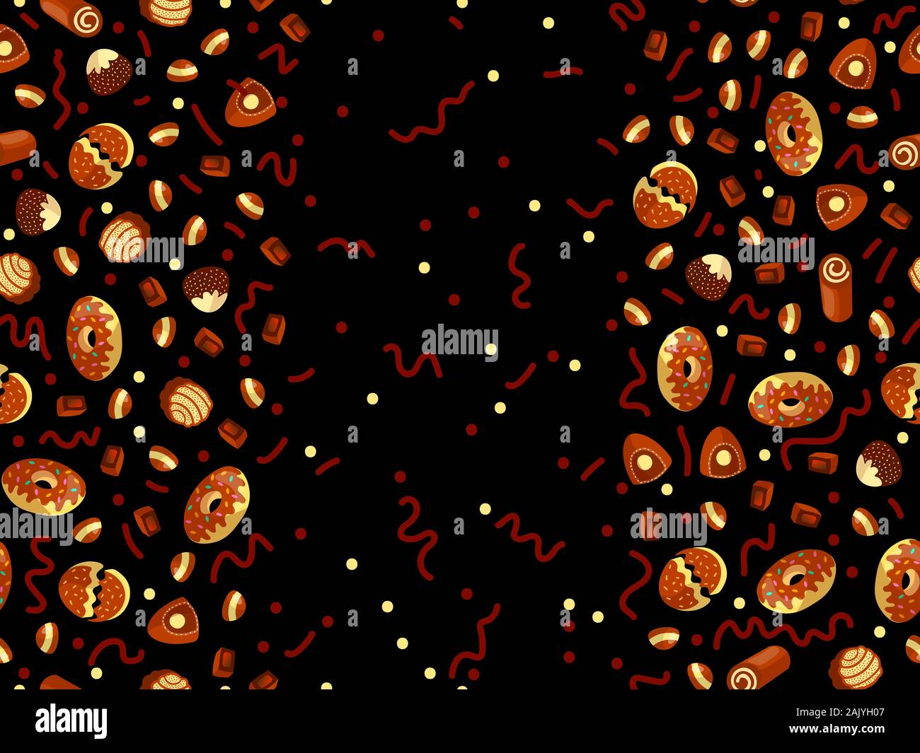 Scatola di cioccolatini telaio del choco caramelle su sfondo nero. Scatola di cioccolatini banner, vista dall'alto, laici piatta con elementi decorativi. Chocolats candy Illustrazione Vettoriale