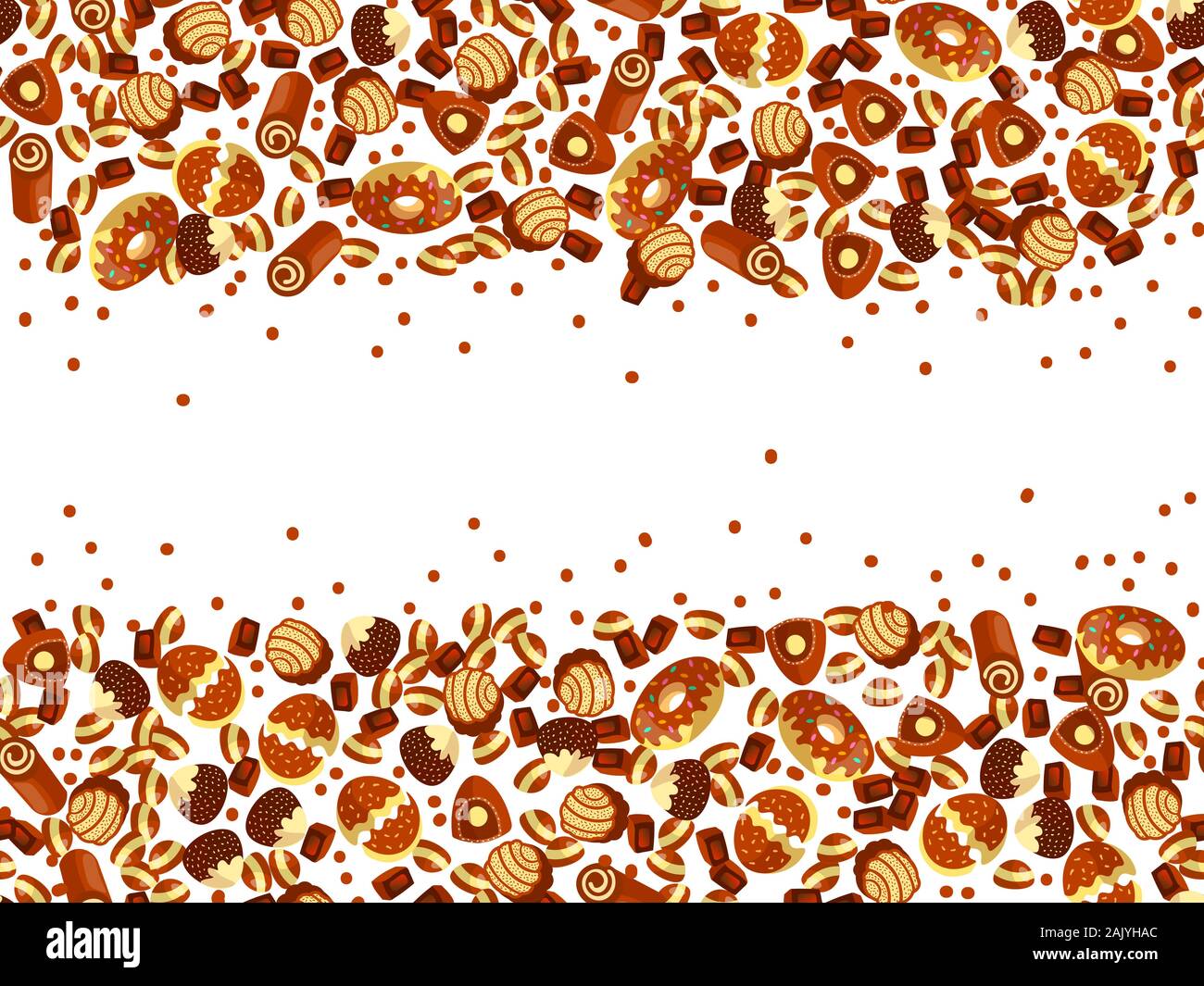Scatola di cioccolatini telaio del choco caramelle su sfondo bianco. Scatola di cioccolatini banner, vista dall'alto, laici piatta con elementi decorativi. Chocolats candy Illustrazione Vettoriale