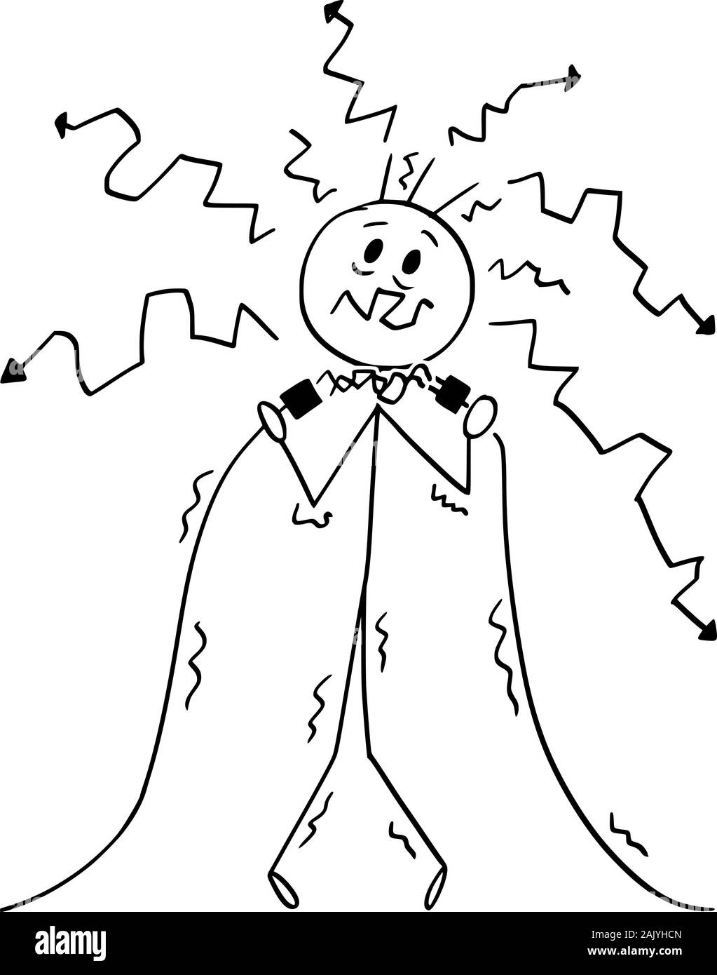 Vector cartoon stick figura disegno illustrazione concettuale dell'uomo elettricista o contenere cavi e ottenere la scossa elettrica. Illustrazione Vettoriale