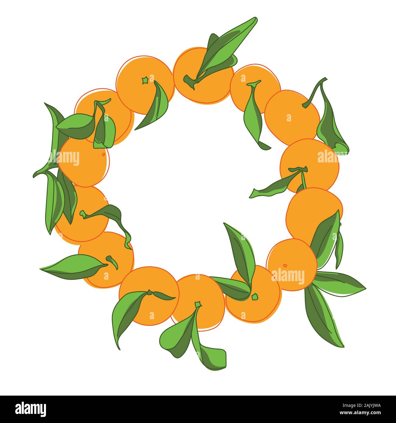 Tangerine cerchio Ghirlanda Design Vettoriali su sfondo bianco. Dolce cibo vegan Illustrazione Vettoriale