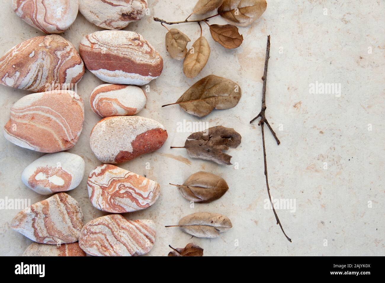 Fotografia di vita di Still Life di foglie cadute, arenaria rossa e la linea di un bastone organico. Foto Stock