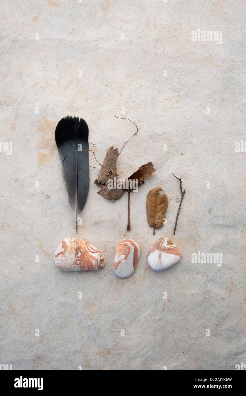 Fotografia di vita di Still Life di foglie cadute, arenaria rossa e la linea di un bastone organico. Foto Stock