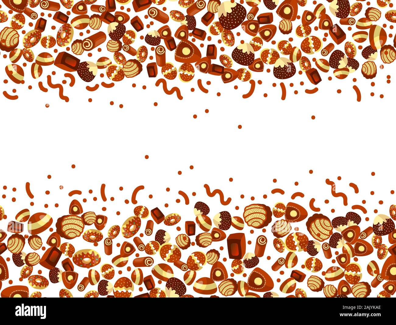 Scatola di cioccolatini telaio del choco caramelle su sfondo bianco. Scatola di cioccolatini banner, vista dall'alto, laici piatta con elementi decorativi. Chocolats candy Illustrazione Vettoriale