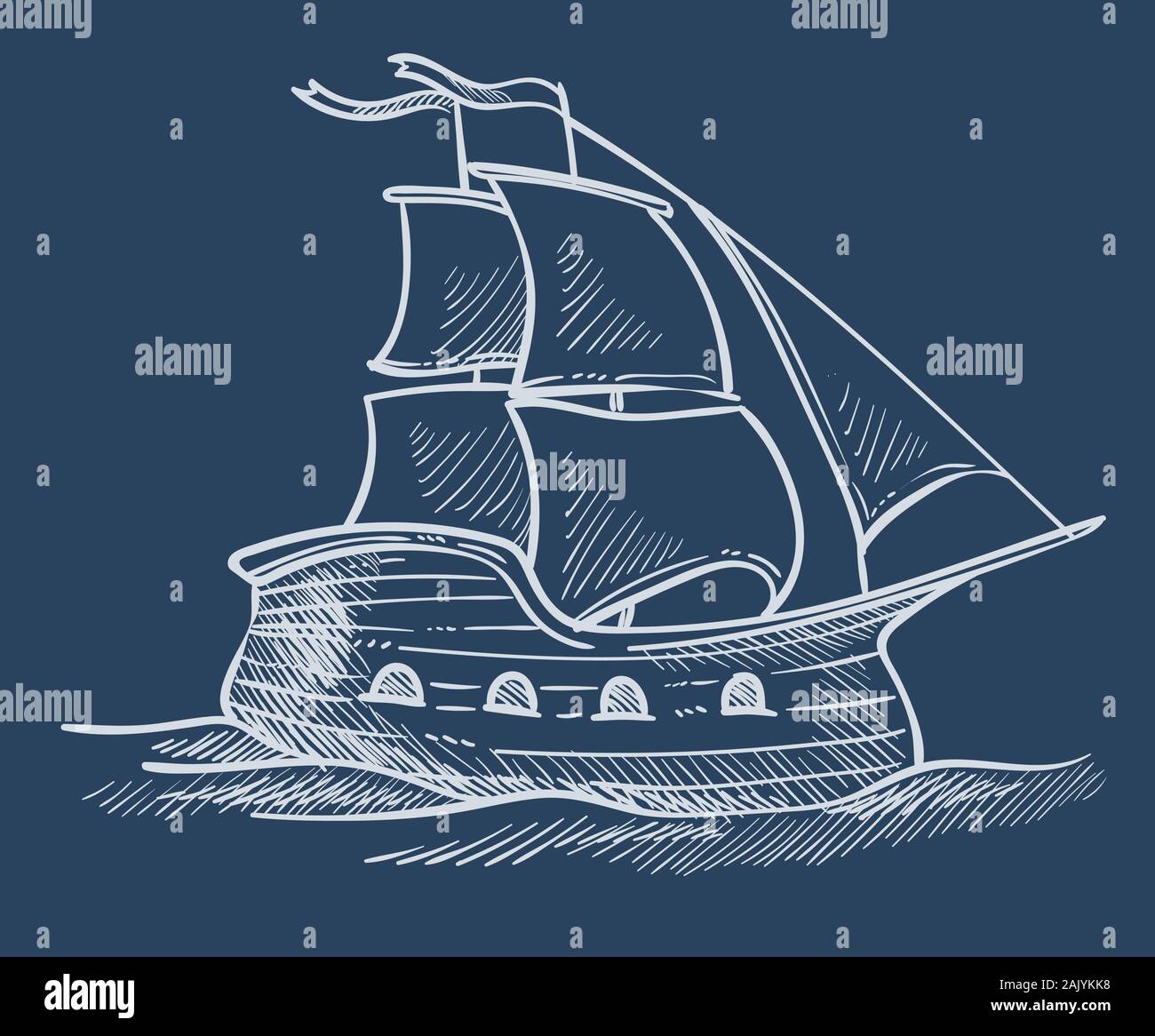 Nave o barca a vela schizzo, trasporto marittimo, vela o in viaggio Illustrazione Vettoriale