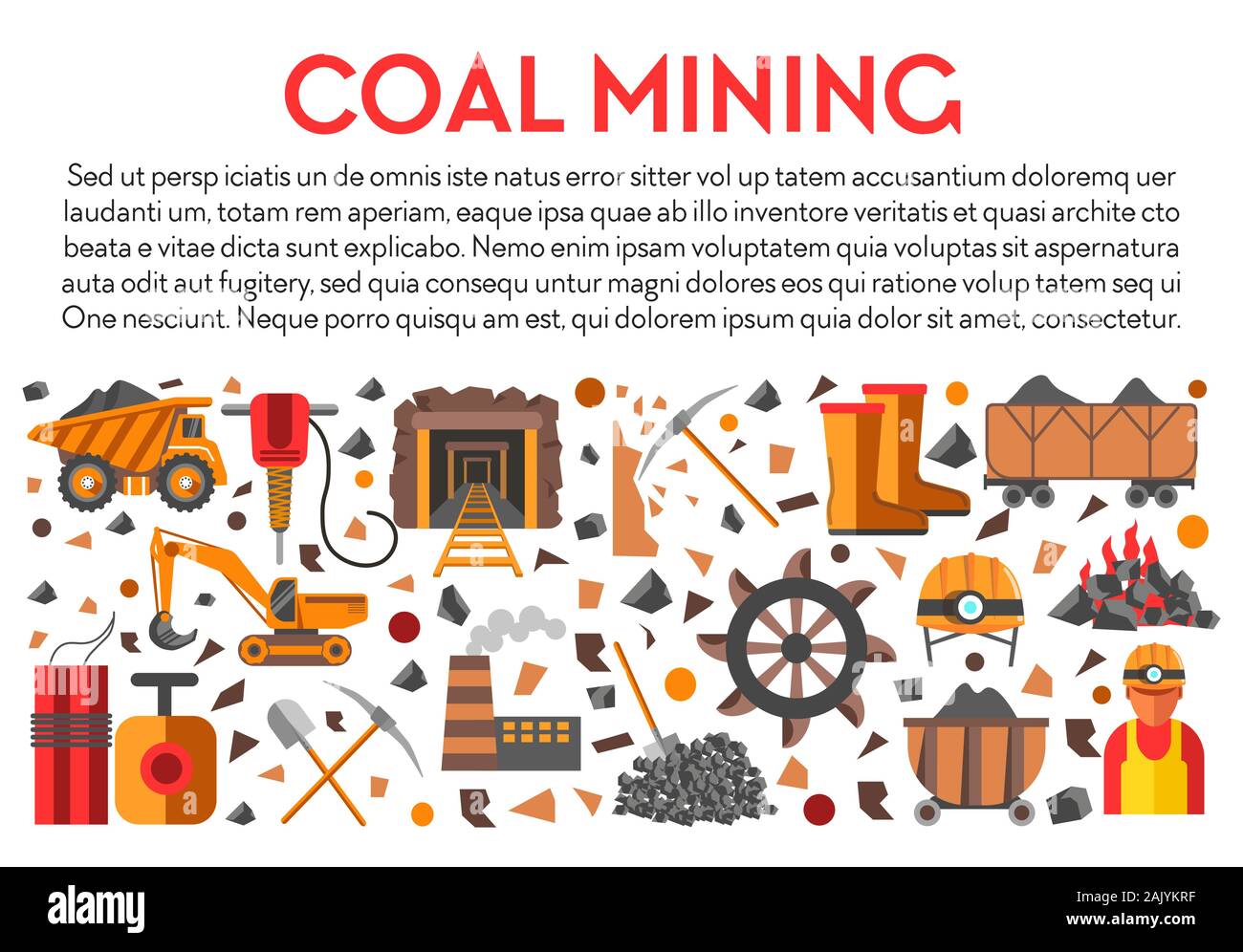 Industria mineraria, banner miniera di carbone, macchinari e impianti Illustrazione Vettoriale