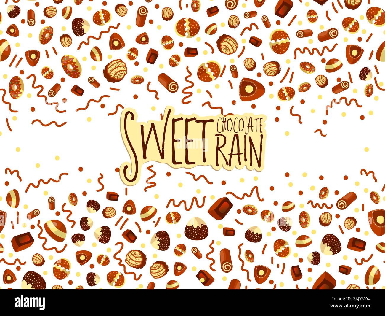 Scatola di cioccolatini telaio del choco caramelle su sfondo bianco. Scatola di cioccolatini banner, vista dall'alto, laici piatta con elementi decorativi. Chocolats candy Illustrazione Vettoriale