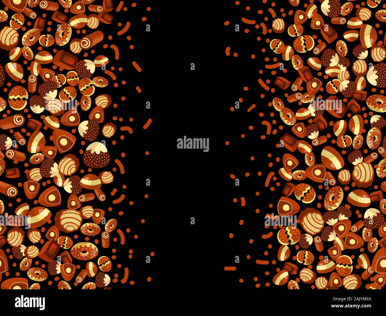 Scatola di cioccolatini telaio del choco caramelle su sfondo nero. Scatola di cioccolatini banner, vista dall'alto, laici piatta con elementi decorativi. Chocolats candy Illustrazione Vettoriale