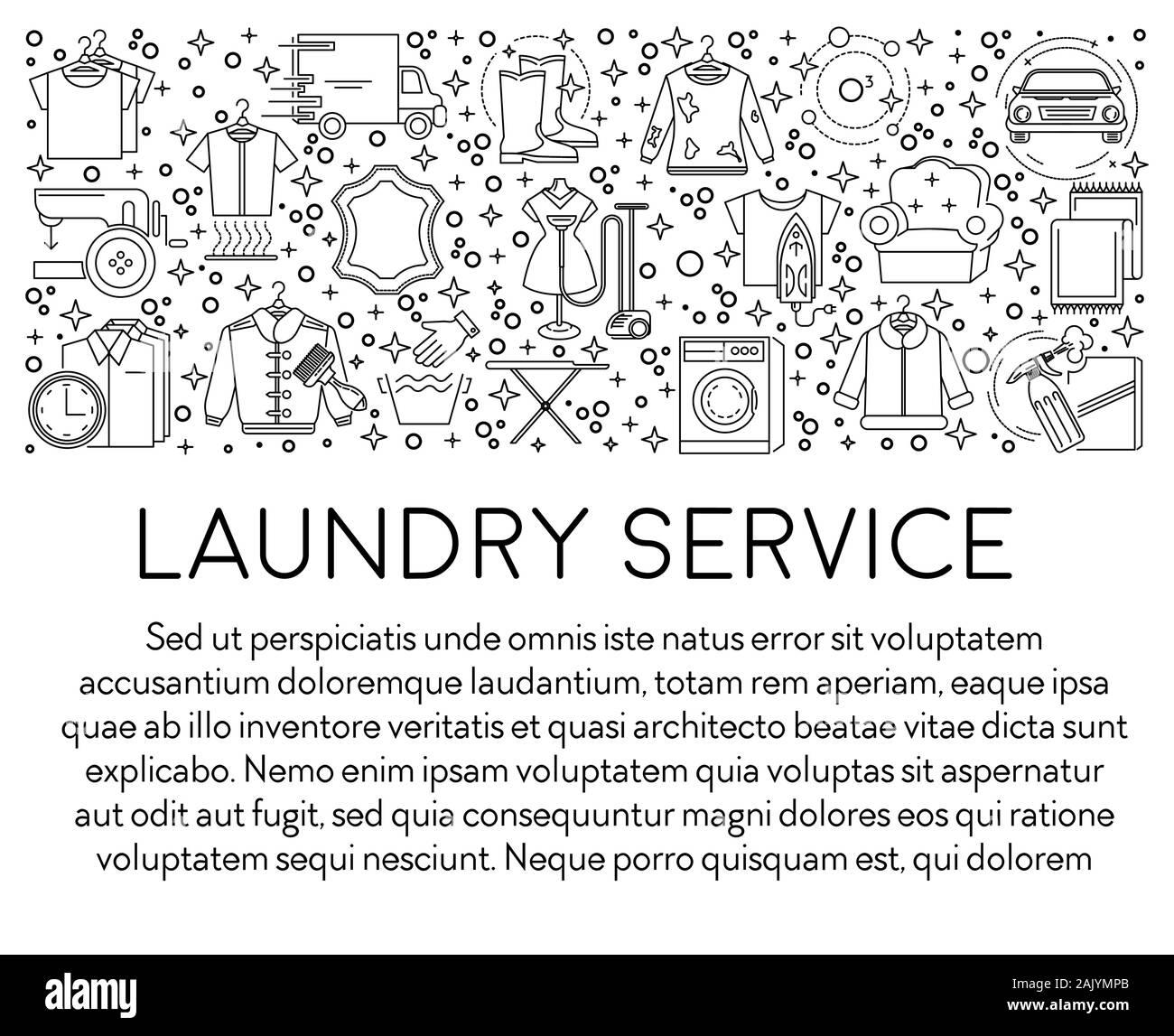 Servizio di lavanderia o lavasciuga linea icone banner, lavaggio abiti Illustrazione Vettoriale