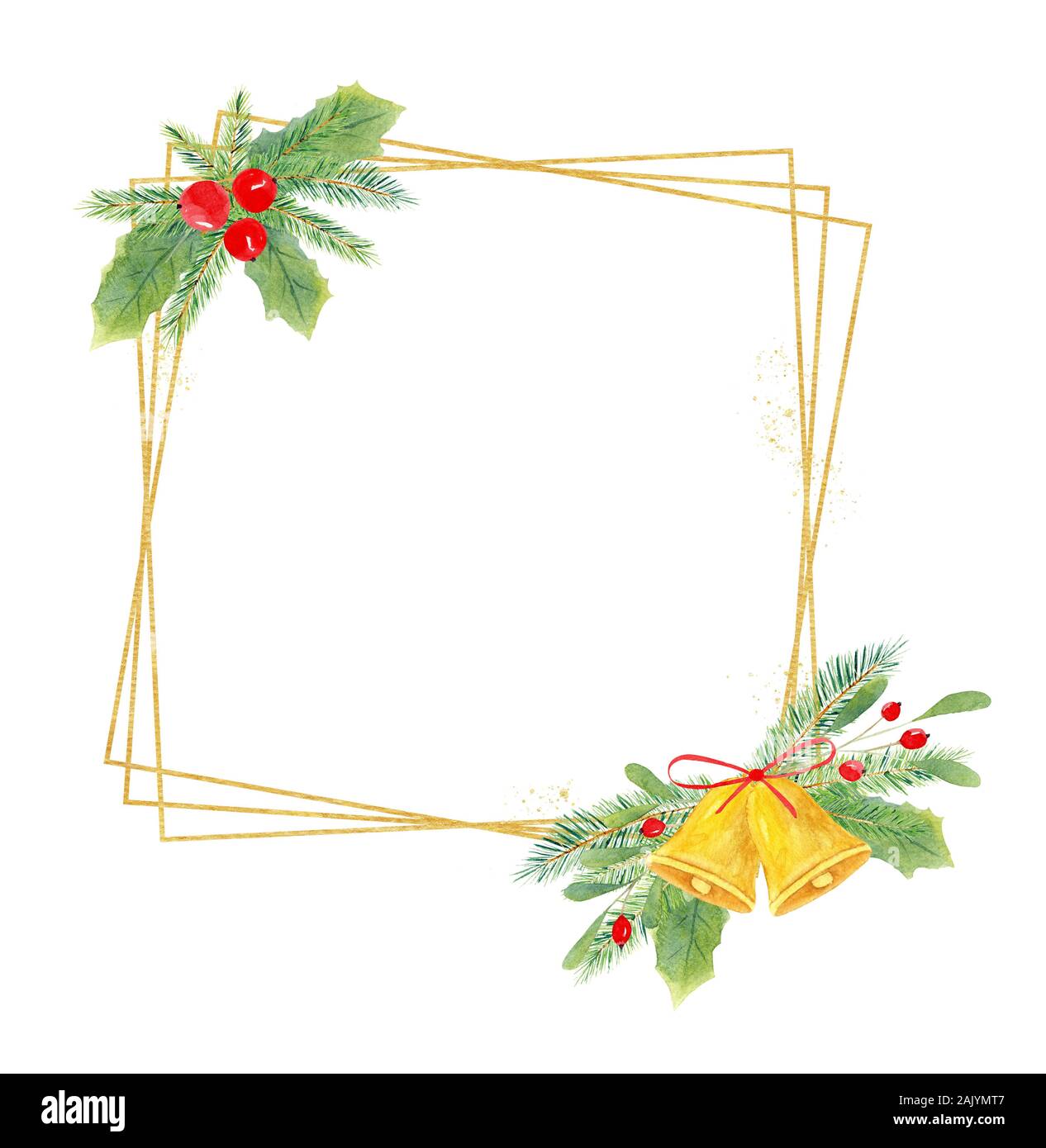 Natale a telaio quadrato disegnati a mano illustrazione ad acquerello. Festosa cornice rettangolare con botanica elementi di decorazione. X-mas composizione con ilex, Foto Stock