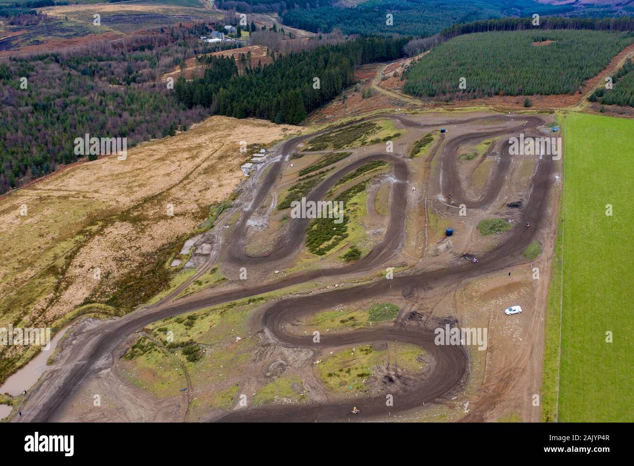 Vista aerea di motocross bike via in Rhonnda, Wales, Regno Unito Foto Stock