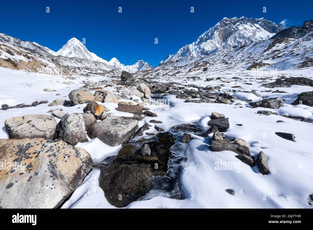 Fiume glaciale nella valle del Khumbu sul Campo Base Everest Trek in Nepal Himalaya, d'inverno. Foto Stock