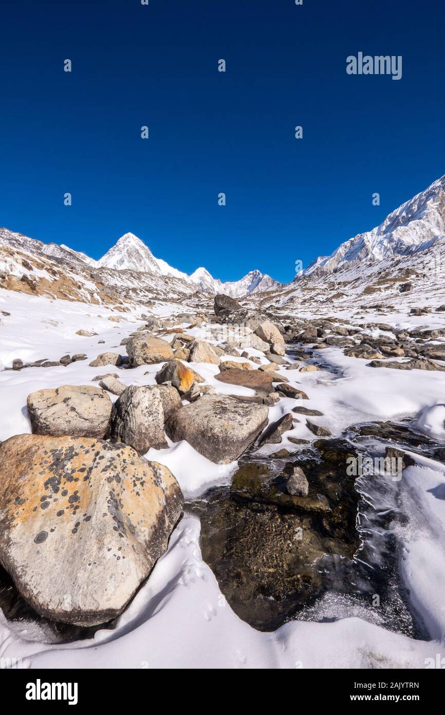 Fiume glaciale nella valle del Khumbu sul Campo Base Everest Trek in Nepal Himalaya, d'inverno. Foto Stock