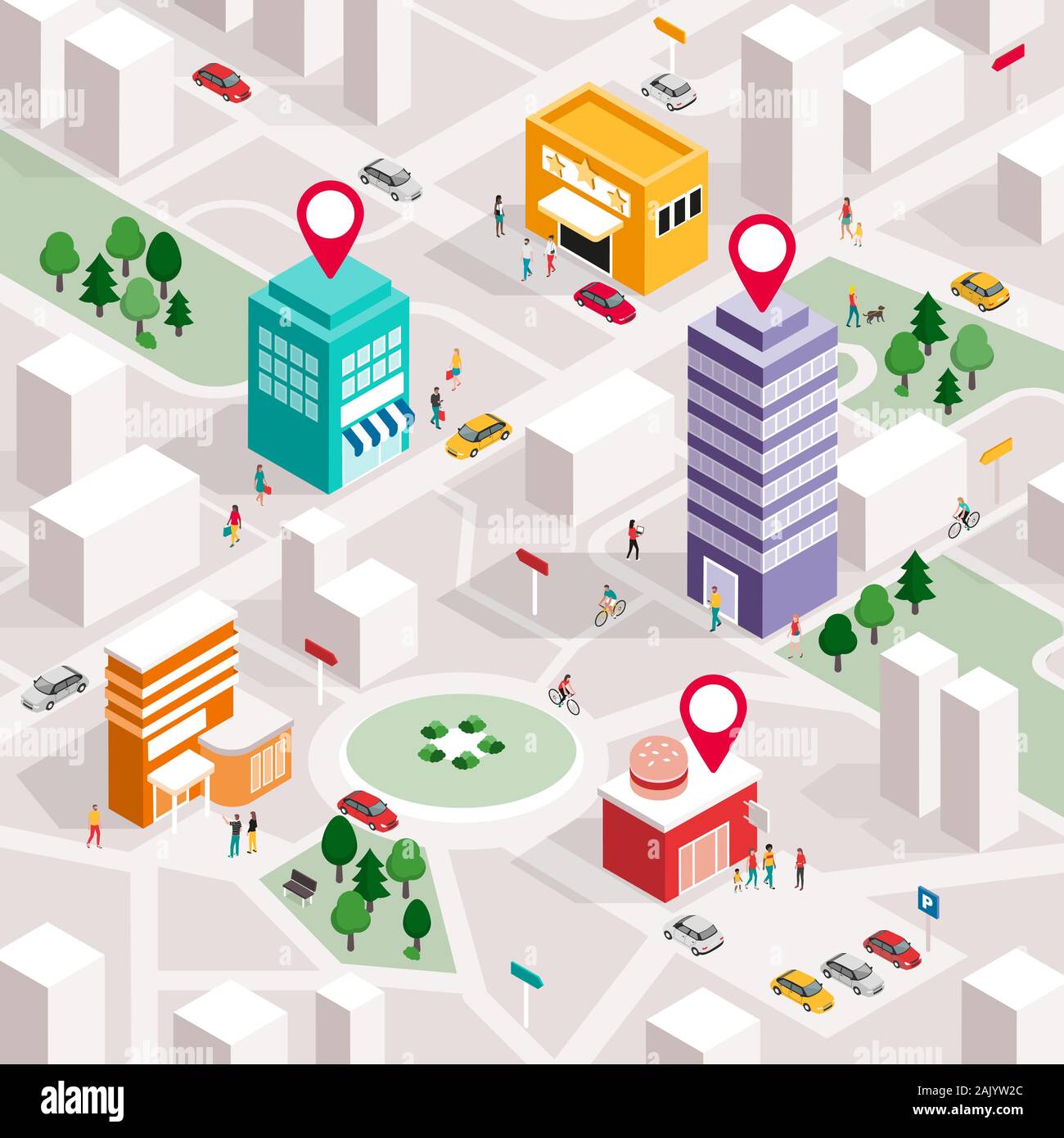 Isometrica mappa della città con la gente, edifici e puntatori pin: promuovere la vostra azienda locale e di un sistema di navigazione GPS concept Illustrazione Vettoriale