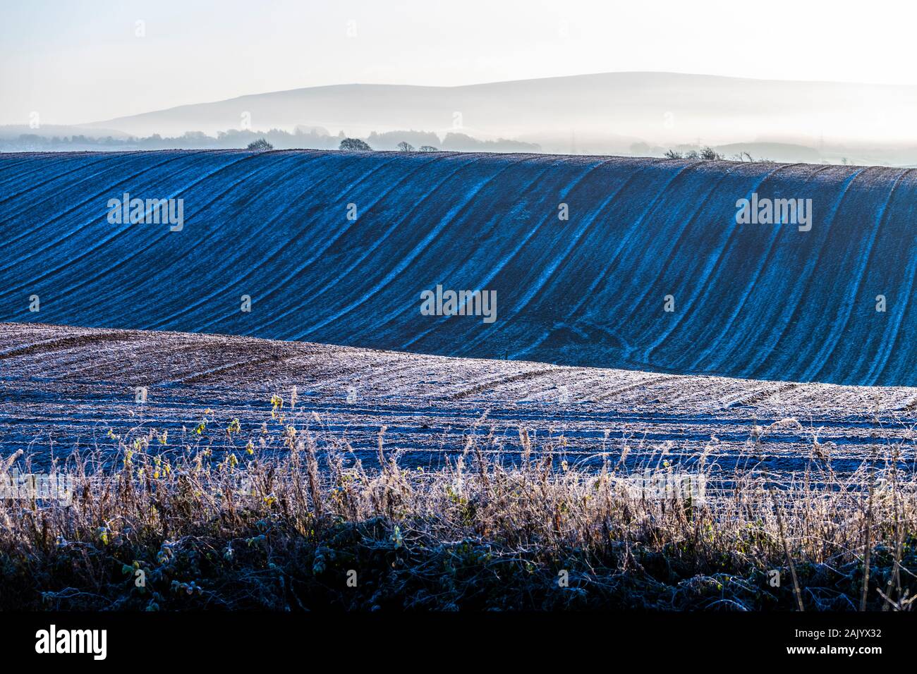 Un campo arato su un gelido mattina a Irthington, Cumbria Regno Unito Foto Stock