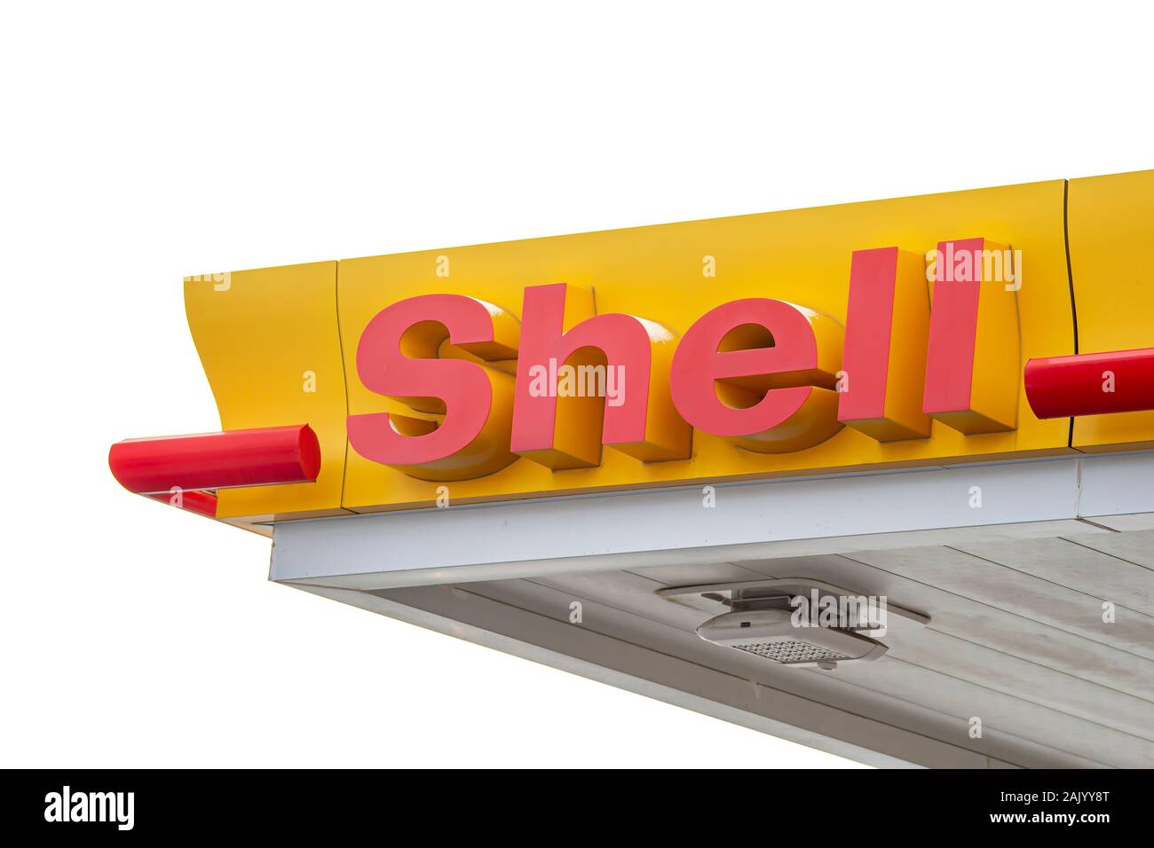 Calgary, Alberta. Canada 4 gen 2020. Un cantare di un Royal Dutch ShellOil società nel settore della pompa a gas station. Royal Dutch Shell potrebbe non riuscire a raggiungere il verde ene Foto Stock