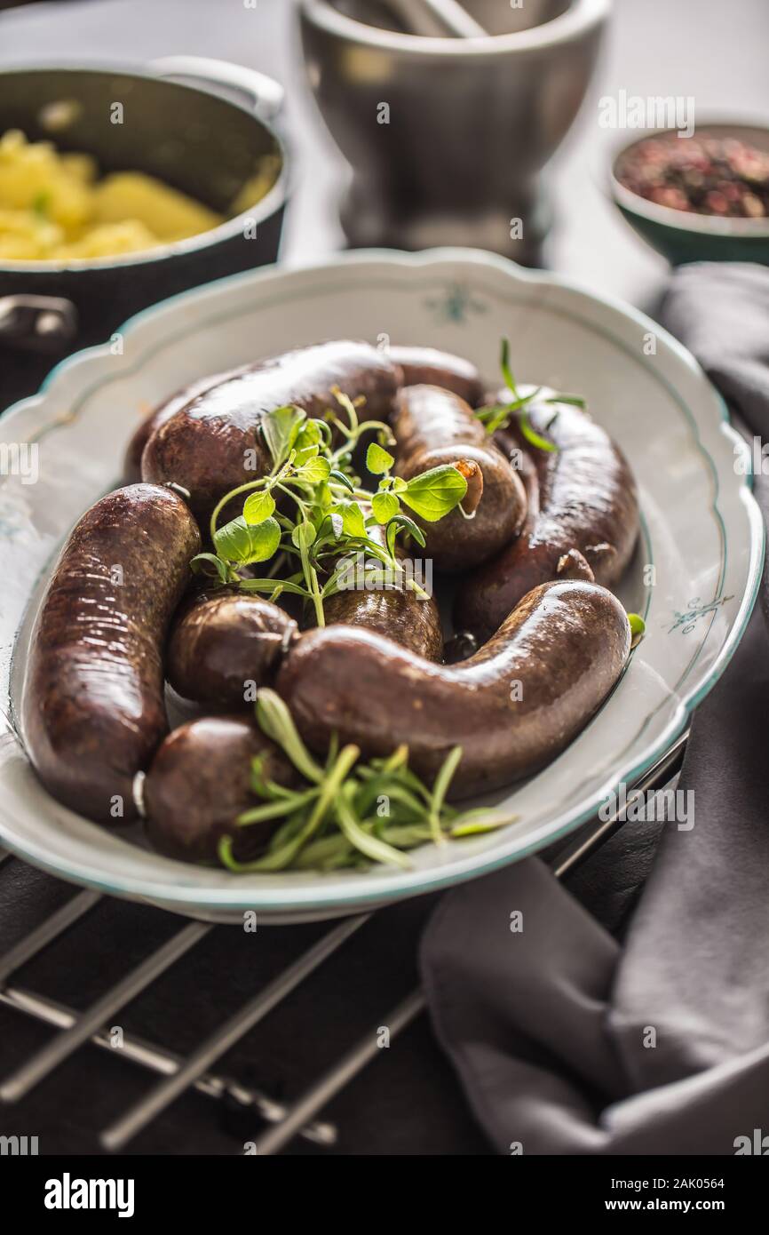Salsicce arrostite in padella con rosmarino. Tradizionale cibo europeo il bratwurst jaternice o jitrnice Foto Stock