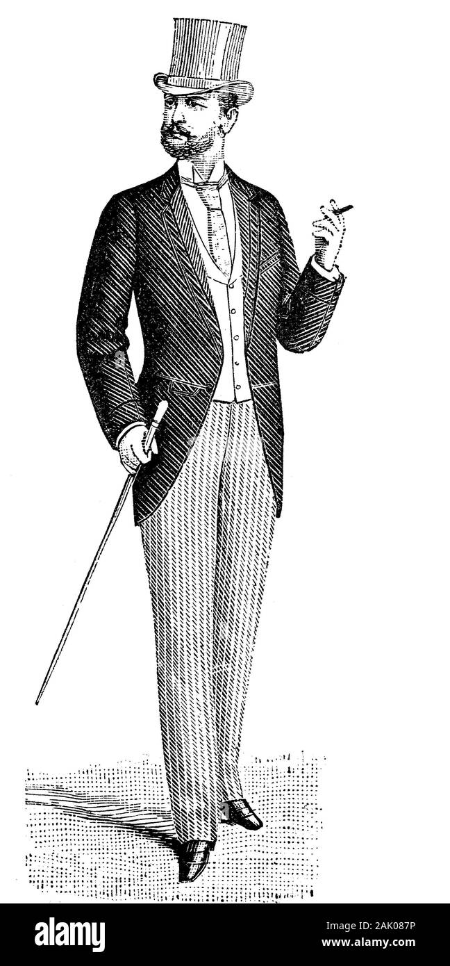 Vornehmer Herrenanzug, Jacke aus Seidengewebe, tubo flessibile aus Kammgarnstoff, ca 1880 / elegante uomo abito, camicia in tessuto di seta, pantaloni di lana pettinata, Digitale Reproduktion von einer Originalvorlage aus dem 19. Jahrhundert / digitale migliorata la riproduzione di un originale di stampa dal XIX secolo Foto Stock