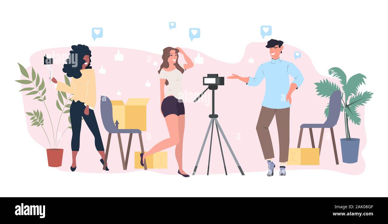 I blogger di aprire le cassette dei pacchi gara mix vloggers unboxing di registrazione video live streaming social media mail delivery spedizione il concetto di blogging per tutta la lunghezza orizzontale illustrazione vettoriale Illustrazione Vettoriale