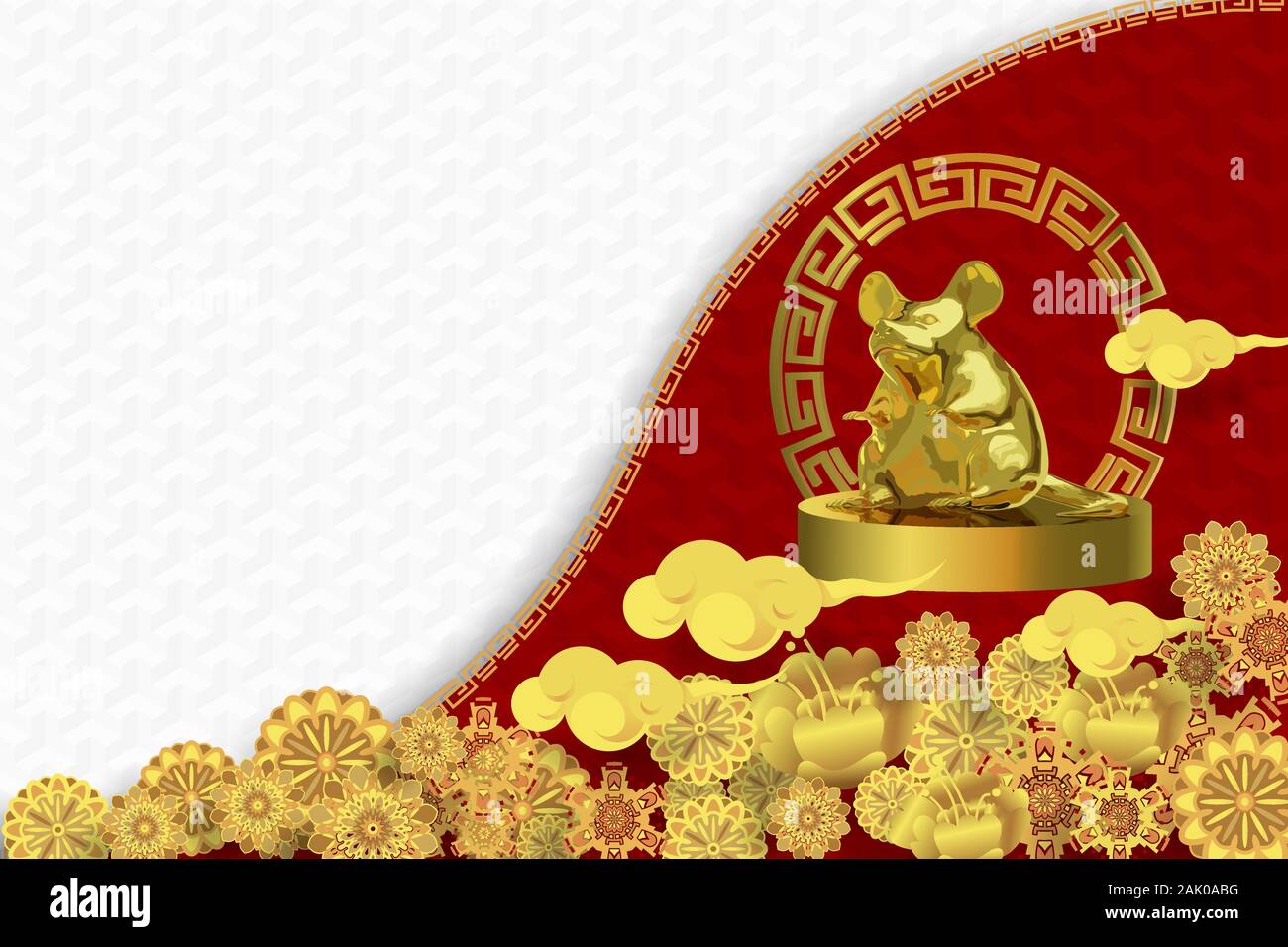 Il Capodanno cinese 2020 greeting card wth carino di ratto, segno zodiacale, sulla metà di colore rosso e bianco sfondo pattern., illustrazione vettoriale. Illustrazione Vettoriale