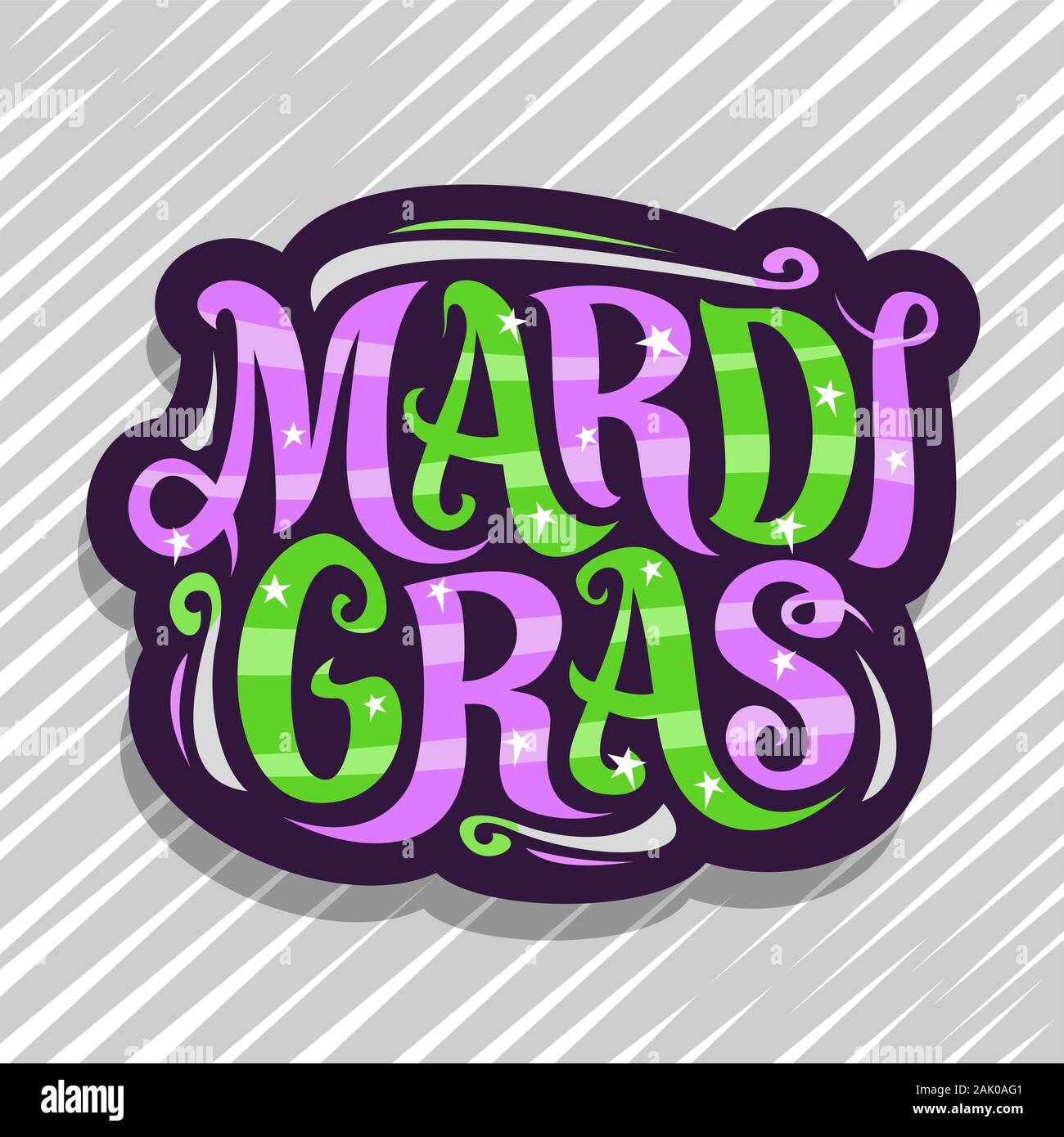 Il logo del vettore per il Mardi Gras carnevale, badge scuro con design fiorisce e ricci font calligrafico, arte decorativa digital signage con un originale tipo di spazzola fo Illustrazione Vettoriale